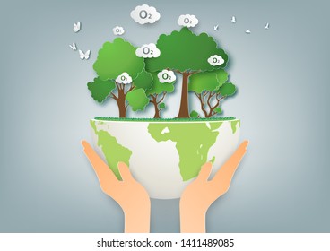 Concept of ecology and environment with Oxygen release tree,Paper art and digital craft style.
