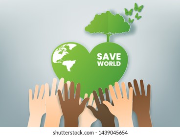 Concept of ecology and environment with tree ,Paper art and digital craft style.