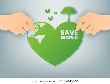 Concept of ecology and environment with tree ,Paper art and digital craft style.