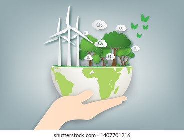 Concept of ecology and environment with tree and wind turbine,Paper art and digital craft style.