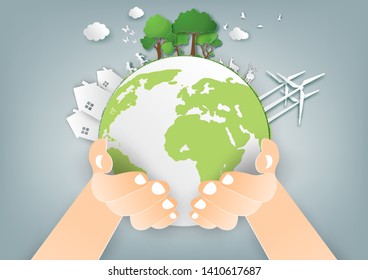 Concept of ecology and environment with tree and wind turbine,Paper art and digital craft style.