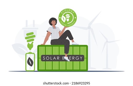 The concept of ecology and green energy. The guy sits on the solar panel and holds the ECO logo in his hands. Vector trend illustration.