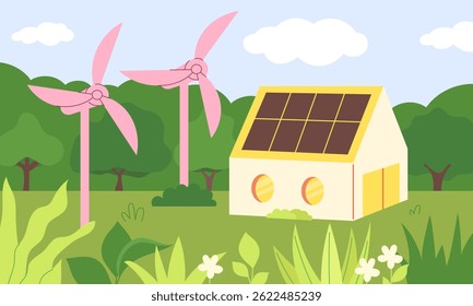 Concept of ecology, green energy. A house with solar panels stands in the middle of a forest. Vector illustration