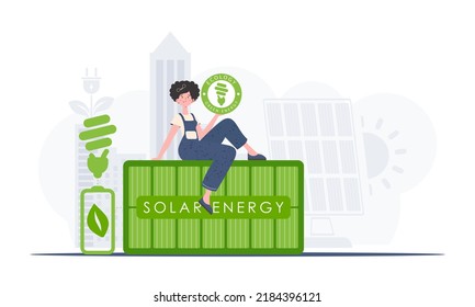 The concept of ecology and green energy. A woman sits on a solar panel and holds the ECO logo in her hands. Vector trend illustration.