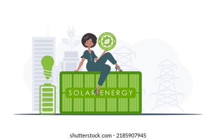 The concept of ecology and green energy. A woman sits on a solar panel and holds the ECO logo in her hands. trendy style. Vector illustration.