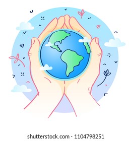 Concept of ecology. Human hands holding Earth. World environment day. Hand drawn vector illustration.