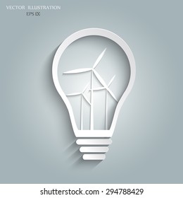 The concept of ecology. Light bulb idea. Creative drawing of the windmill inside of a light bulb on a blue background. Vector illustration modern design template