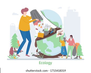 Concept of Ecology Problem, flat line vector illustration 