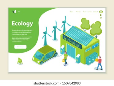 Concept of ecology problem, generation and saving green energy, website template, 3D isometric style vector illustration