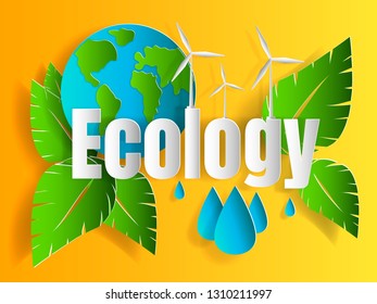 Concept of ecology problem with word and generation and saving green energy for graphic and web design, paper cut style vector illustration 