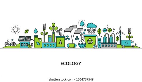 Concept of ecology problem with word and generation and saving green energy for graphic and web design, flat line vector illustration 