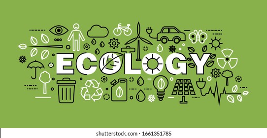 Concept of ecology problem with word and generation and saving green energy for graphic and web design, flat line vector illustration 