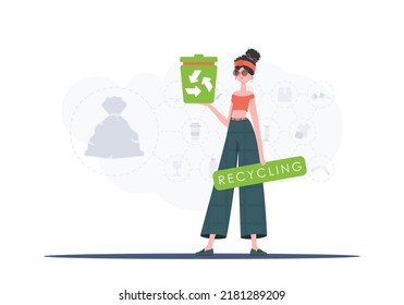 The concept of ecology and recycling. The girl is holding an urn in her hands. Trendy character style. Vetcor.