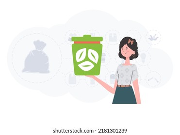 The concept of ecology and recycling. The girl is holding an urn in her hands. Vector illustration Flat trendy style.