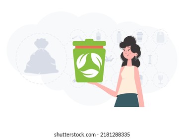 The concept of ecology and recycling. A woman holds an urn in her hands. Trendy character style. Vetcor.