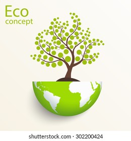 The concept of ecology, to save the planet. Creative drawing on global environment. Silhouette of a tree on the globe. Eco friendly. Vector illustration on white background. Modern design template. 