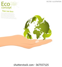 The concept of ecology, save the planet. The globe of the triangular recycling symbol on the open palm. Vector illustration modern design template.