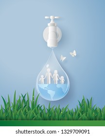 concept of ecology and wolrd water day with family. Paper art and digital craft style.