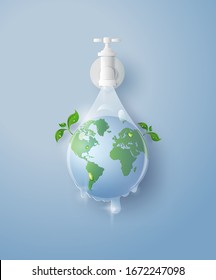 concept of ecology and wolrd water day. Paper art and digital craft style.