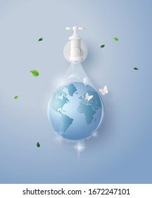 concepto de ecología y día mundial del agua. Arte de papel y estilo artesanal digital.