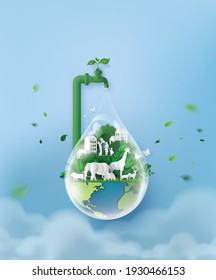 concept of ecology and wolrd water day . Paper art and digital craft style.