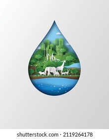 Concept Of Ecology And Wolrd Water Day . Paper Art And Digital Craft Style.