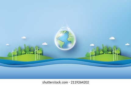 concepto de ecología y día mundial del agua. Arte de papel y estilo de artesanía digital.