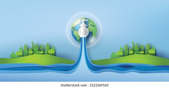 concept of ecology and wolrd water day . Paper art and digital craft style.