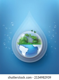 concept of ecology and wolrd water day . Paper art and digital craft style.