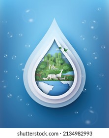 Concept Of Ecology And Wolrd Water Day . Paper Art And Digital Craft Style.