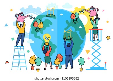 Concept of ecology. World Environment Day. Little people prepare for the day of the Earth, save the planet, save energy, the hour of the Earth, the concept of the Earth day. 