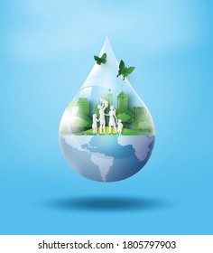 concept of ecology and world water day . Paper art and digital craft style.