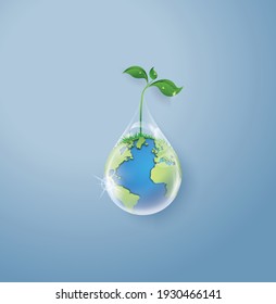 concept of ecology and world water day . Paper art and digital craft style.