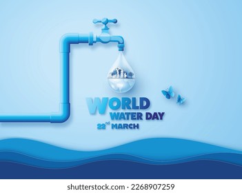 concept of ecology and world water day ,save water. Paper cut art style.