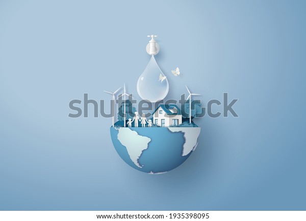 concept of ecology and\
world water day . Paper art ,paper cut , paper collage style with\
digital craft .