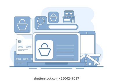 Concept of e-commerce, business marketing, online shopping, Online ordering, e-commerce website, Digital or Virtual market, buy from online shop. flat vector illustration on background.