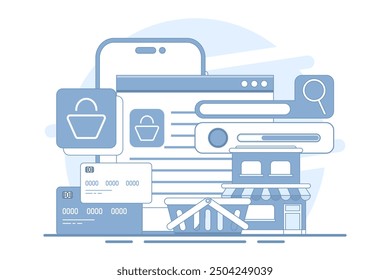 Concept of e-commerce, business marketing, online shopping, Online ordering, e-commerce website, Digital or Virtual market, buy from online shop. flat vector illustration on background.