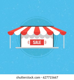 Concept of e-commerce in flat style with laptop shop awning and sale label. Online shopping and buying. Textured in grunge style