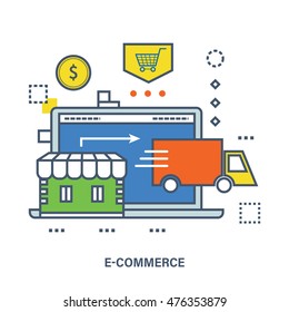 Concept of e-commerce, internet marketing, store shop and delivery. Color Line icons. Flat Vector illustration