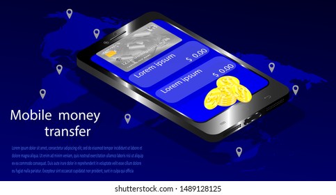Concept e-commerce, Isometric vector illustration. Online mobile money transfer. World transactions. Smartphone with bank card and gold coins on a world map background.