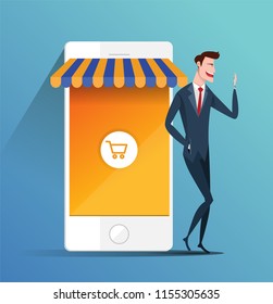 Concept of e-commerce online shopping - business man holding mobile phone and shopping online. business flat vector.