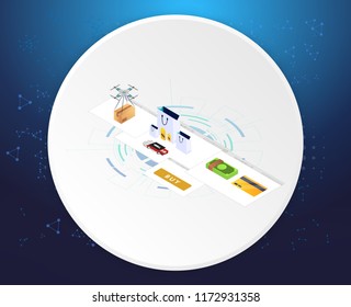 Concept of e-commerce sales, online shopping, digital marketing. Isometric vector illustration