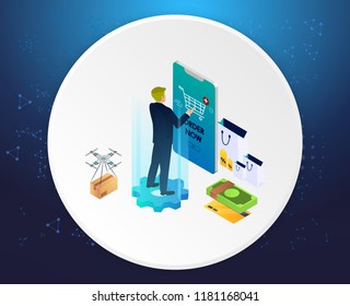 Concept of e-commerce sales, online shopping, digital marketing. Isometric vector illustration