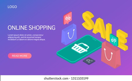 Concept of e-commerce sales, online shopping, digital marketing. Online shopping concept banner with characters. Can use for web banner, infographics, hero images. 3d vector isometric illustration.