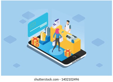 Concept of e-commerce sales, online shopping, digital marketing. Isometric vector illustration in isolated blue background - Vector