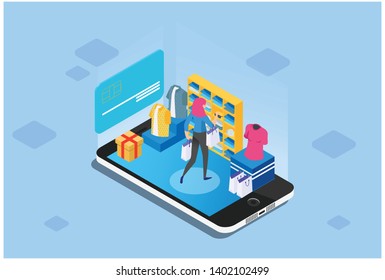 Concept of e-commerce sales, online shopping, digital marketing. Isometric vector illustration in isolated blue background - Vector