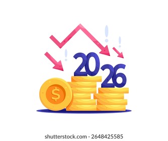 a concept of economic crisis in 2026. economic downturn. financial problems. bankrupt and collapse. illustration of a downward arrow symbol with a pile of coins and the number 2026. flat style design