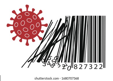 Concept of the economic crisis with a barcode that explodes in the face of the Coronavirus epidemic, causing the collapse of international trade.