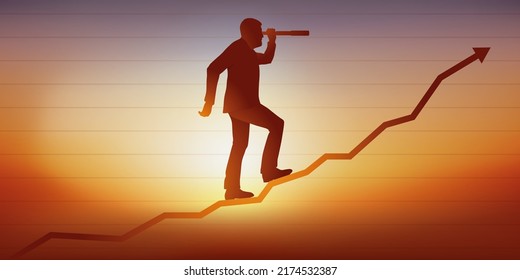 Concept of economic development, with a businessman, symbolically climbing a growth chart by looking into a spyglass.
