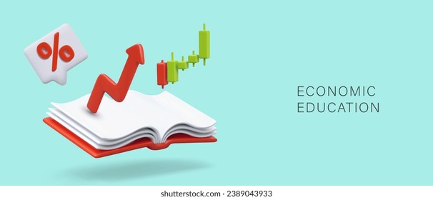 Concept of economic education. Poster with open book, red arrow, diagram and percent for online school. Vector illustration in 3d style with blue background